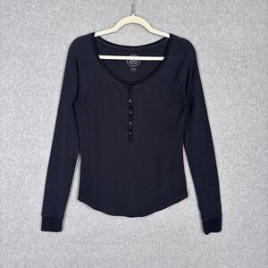 SO Waffle Knit Henley Top Shirt Large Black Thermal Y2K Bella Swan Layering GORP